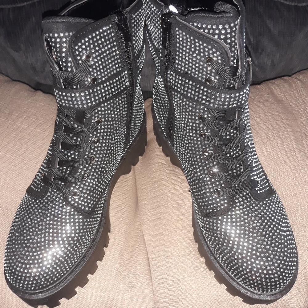 Rhinestone Platform Combat Boots with Side Pouch